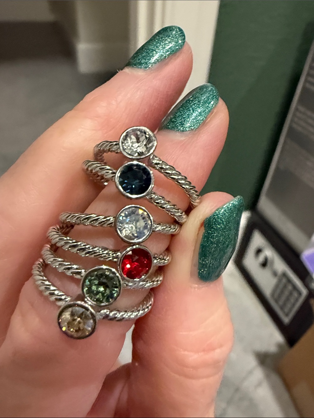 Touchstone Crystal Multi-Color Twisted Silver Stackable Rings - Picture 2 of 10